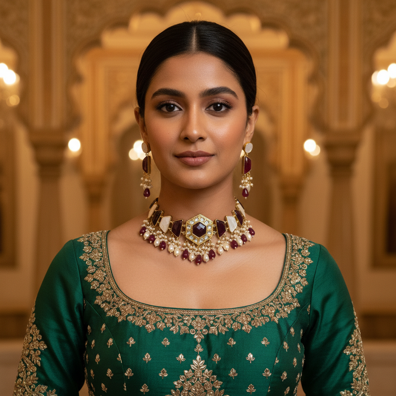 Yakoot Ruby Wine Kundan Pearl Choker Set
