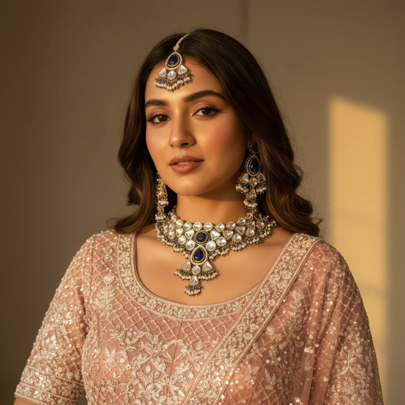 Model wearing royal blue polki kundan wedding choker set with chandelier earrings and tikka on blush lehenga