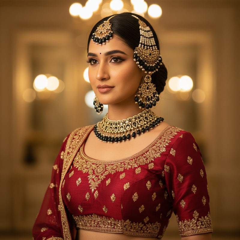 South Asian woman wearing black gold polki passa choker set with jhoomar tikka and chandbali earrings cream lehenga Jewellery by Aman