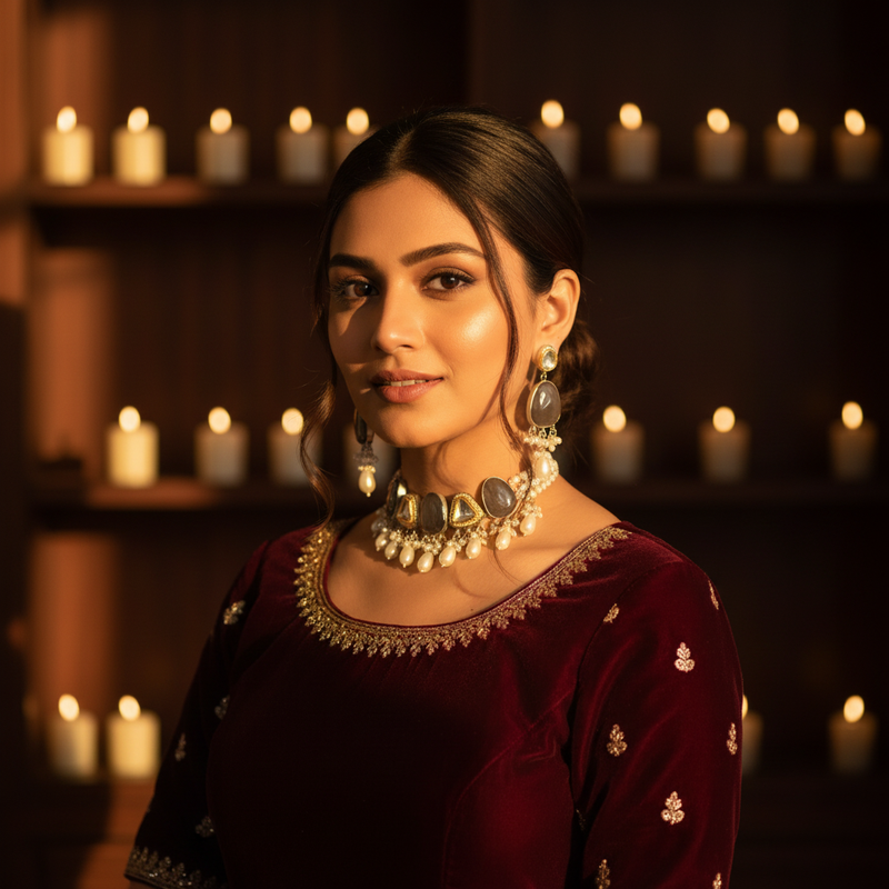 Dhundhli Smoky Grey Polki Pearl Choker Set