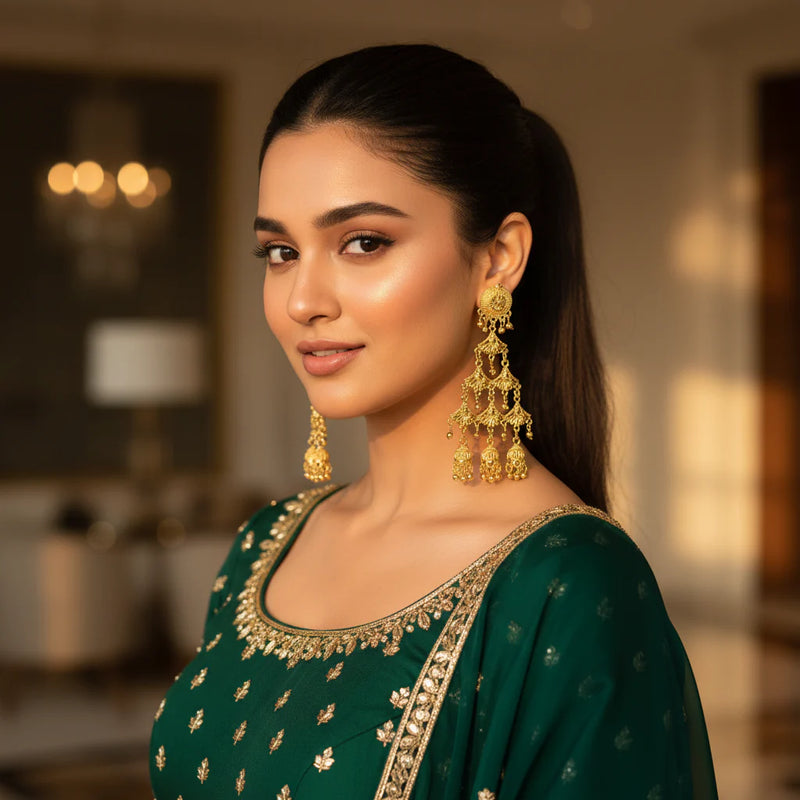 South Asian woman wearing gold plated multi-tier filigree chandelier jhumka earrings on dark green outfit