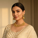 South Asian woman wearing antique gold kundan choker necklace set with jhumka earrings on ivory white outfit