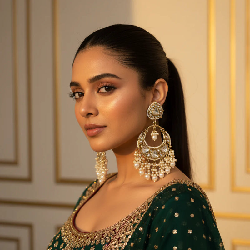South Asian model wearing polki kundan chandbali earrings with white pearl cascade in dark green bridal lehenga