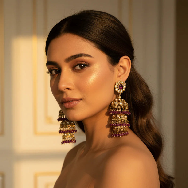 Lavender Triple Tier Kundan Jhumka Earrings worn by model - Jewellery by Aman