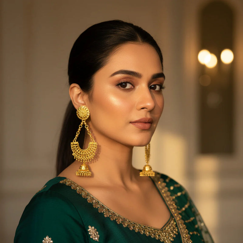 South Asian woman wearing gold plated filigree chandbali jhumka earrings with crescent drop on dark green outfit