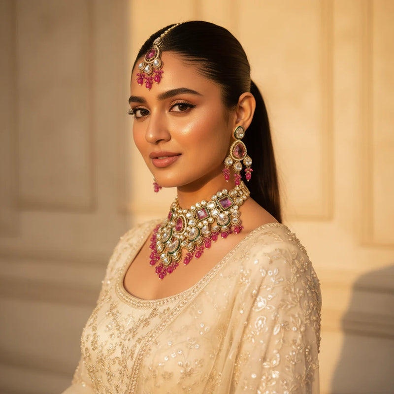 South Asian bride wearing pink ruby kundan polki choker set with fuchsia bead drops tikka and earrings cream lehenga Jewellery by Aman
