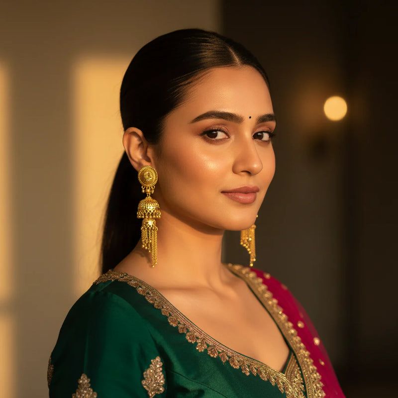 South Asian model wearing gold plated double jhumka tassel earrings with green embroidered bridal outfit in warm golden light