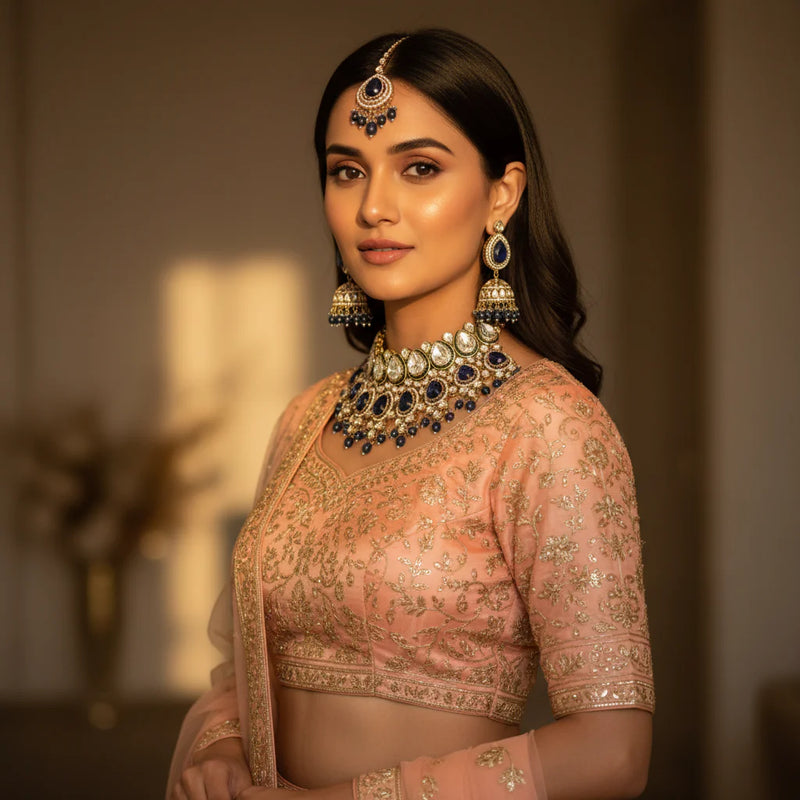 South Asian woman wearing royal blue kundan jhumka wedding choker set with earrings and tikka on peach lehenga
