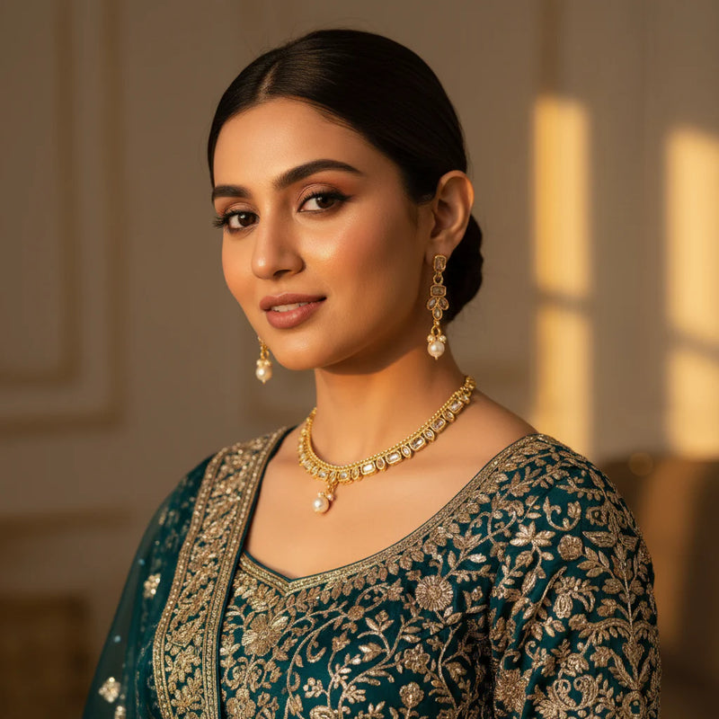Model wearing gold plated ruby red polki kundan necklace set with pearl drop and matching earrings on green lehenga