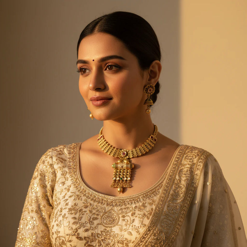 South Asian woman wearing antique gold meenakari pendant necklace set with jhumka earrings on ivory outfit