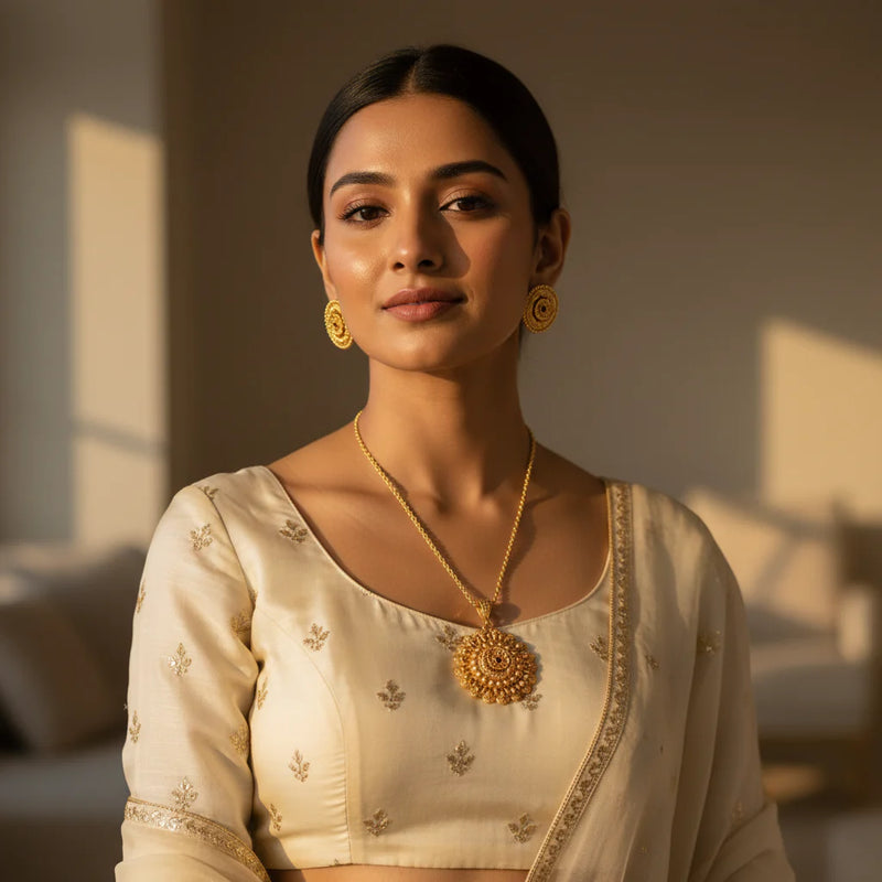South Asian woman wearing gold plated mandala pendant necklace set with round stud earrings on ivory outfit