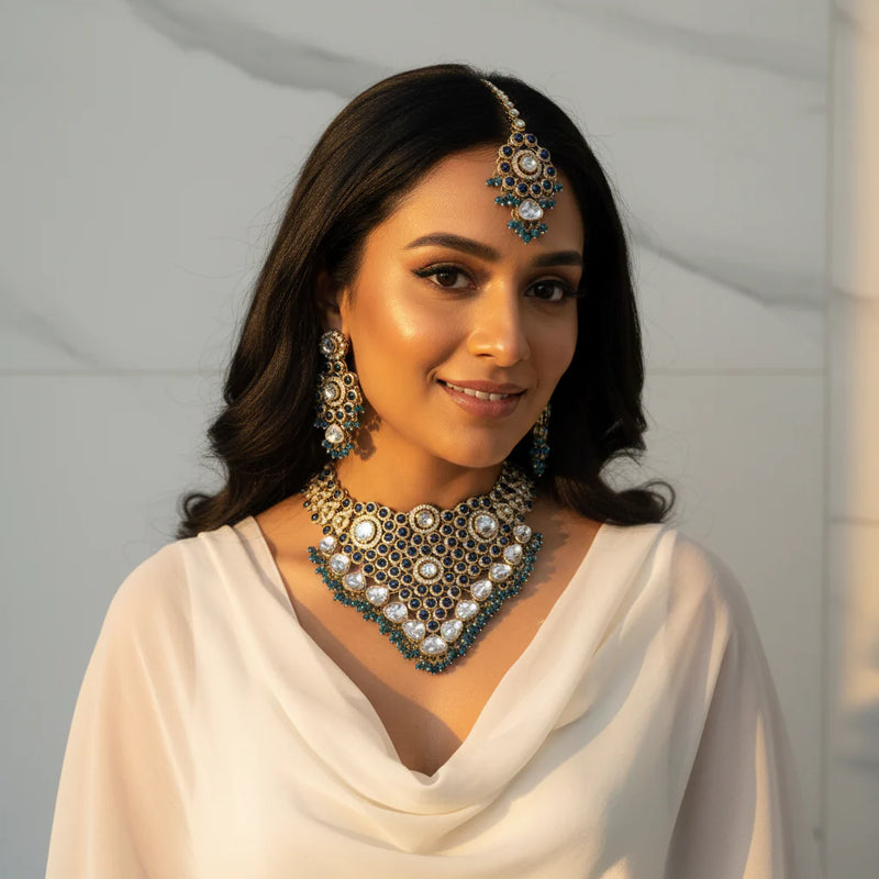 Blue Polki Kundan Wedding Choker Set worn by model - Jewellery by Aman