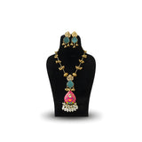 Kashmiri Pink Meenakari Long Necklace Set with teal earrings on display