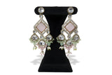 Pink mint kundan polki earrings close up with square mirror centre CZ halo and bead pearl fringe