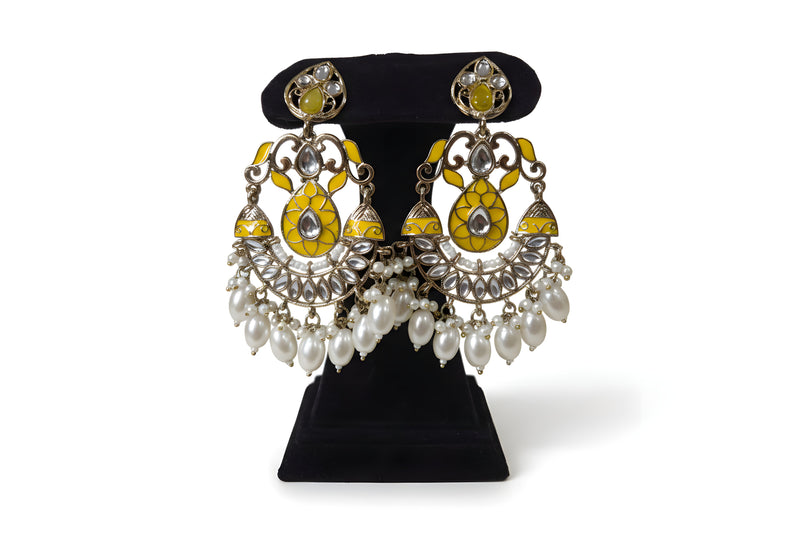 Sunshine yellow meenakari kundan chandbali earrings with lotus teardrop and white pearl drops gold plated