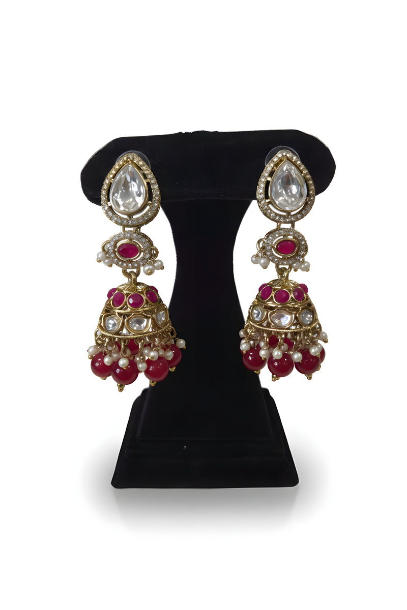 Ruby red kundan jhumka earrings with teardrop polki stud CZ halo and ruby bead pearl fringe