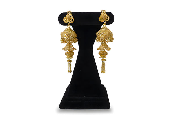 Gold plated multi tier jhumka earrings with spade stud filigree dome lotus petal tier and chain tassel fringe