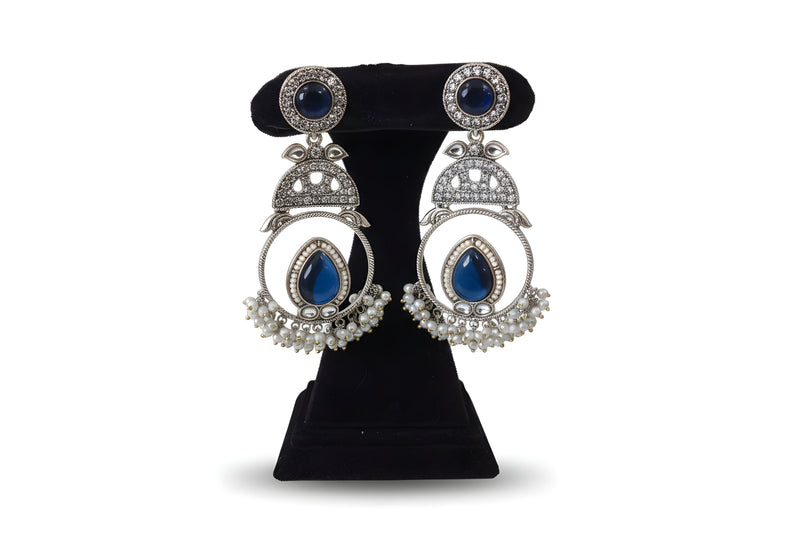 Royal blue kundan chandbali earrings with mother of pearl arch teal teardrop stone and seed pearl fringe