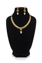 Gold plated classic polki leaf fringe choker necklace set with all clear stones flower pendant pearl drop and matching earrings