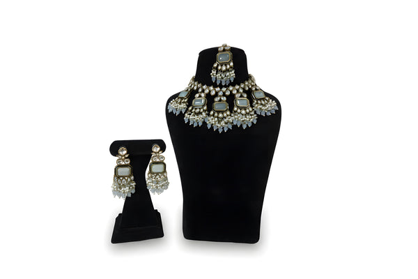 Mint green polki kundan emerald cut choker set with earrings and tikka full set antique gold enamel border pearl drops