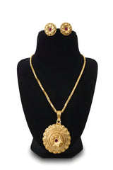 Gold plated lotus medallion pendant necklace with box chain and matching round lotus stud earrings on black display
