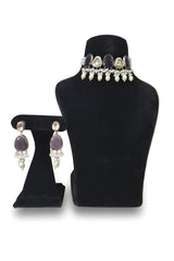 Baigani Purple Kundan Pearl Choker Set - Jewellery set on display stand