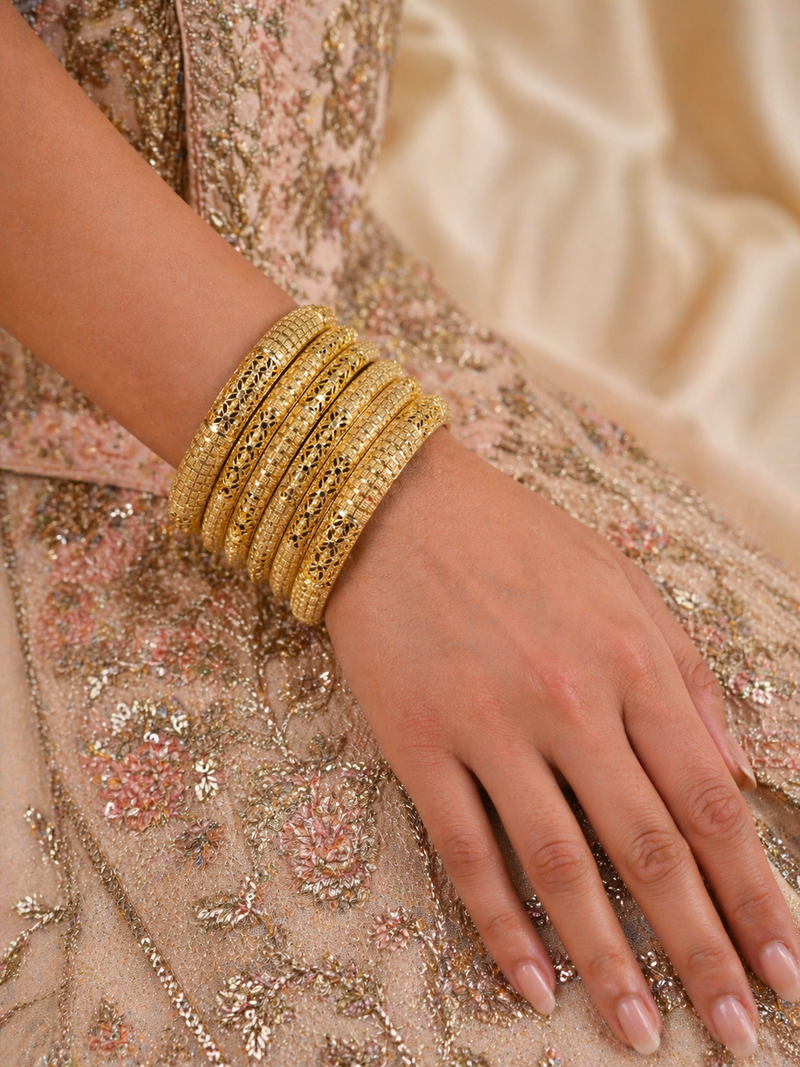 Jaali Lattice Textured Kada Set — set of 6 slim gold kada bangles with floral lattice cut-work and textured grid pattern