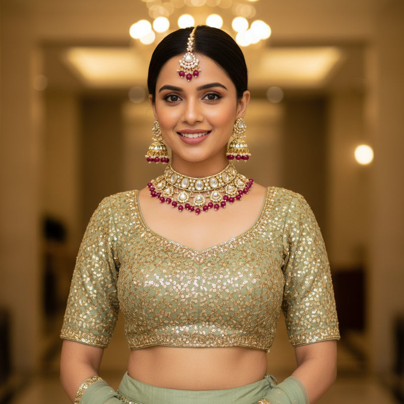 Large Kundan Choker Set — Rani Pink Jhumka - Model wearing jewellery set