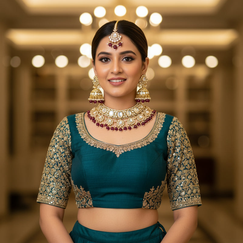 Large Kundan Choker Set — Surkh Ruby Jhumka - Model wearing jewellery set