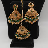 Mahira Emerald Pearl-Strand Set — gold plated pearl strand choker with triangular temple pendant with emerald stones, matching chandbali earrings and triangular maang tikka