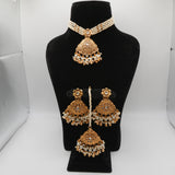 Parveen Pearl-Strand Kundan Set — gold plated pearl strand choker with triangular temple pendant with clear kundan stones and pearl cluster drops, matching chandbali earrings and triangular maang tikka