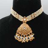 Parveen Pearl-Strand Kundan Set — gold plated pearl strand choker with triangular temple pendant with clear kundan stones and pearl cluster drops, matching chandbali earrings and triangular maang tikka