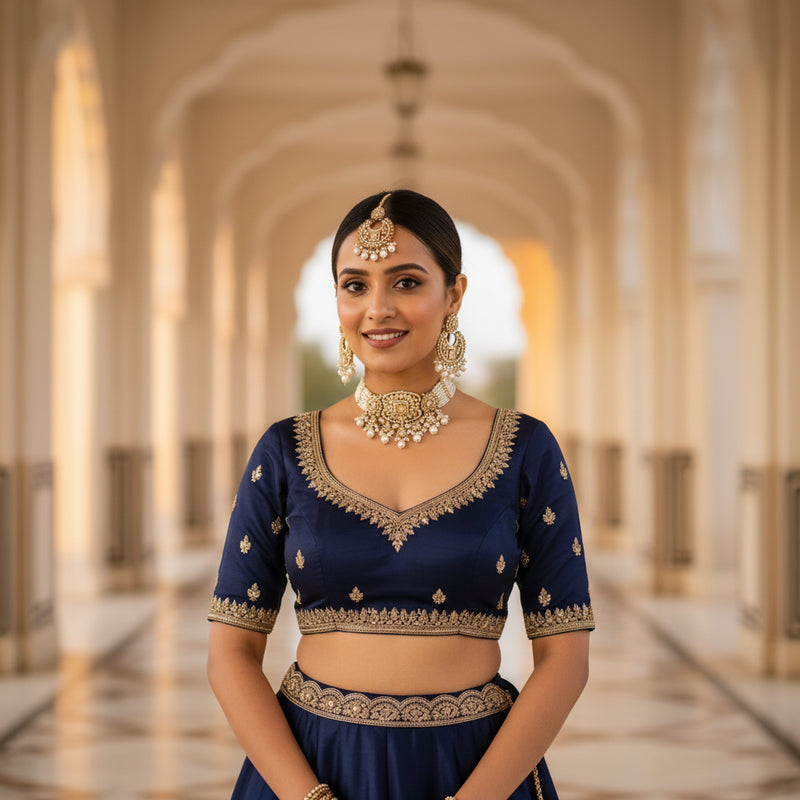 Polki Chandbali Pearl Choker Set — Sunehra Champagne - Model wearing jewellery set