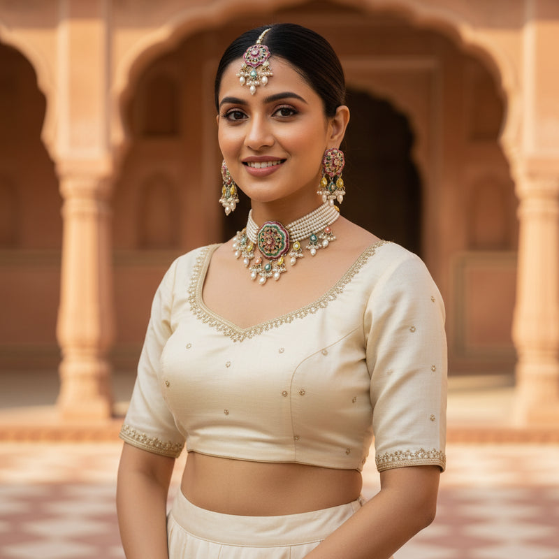 Polki Meenakari Pearl Choker Set — Phulkari Multicolour Medallion - Model wearing jewellery set