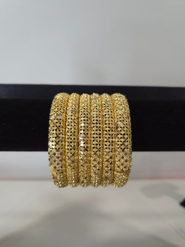 Reshmi Mesh Lace Kada Set — set of 6 gold kada bangles with delicate mesh lace filigree pattern and diamond-cut shimmer