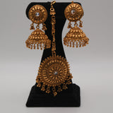 Saira Medallion Trio Choker Set — gold plated three-medallion choker necklace with pearl strands, matching jhumka earrings and statement maang tikka