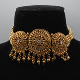 Saira Medallion Trio Choker Set — gold plated three-medallion choker necklace with pearl strands, matching jhumka earrings and statement maang tikka