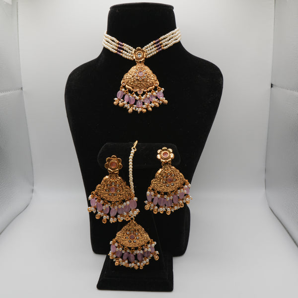 Yasmin Lavender Pearl-Strand Set — gold plated pearl strand choker with triangular temple pendant with lavender stone accents, matching chandbali earrings and triangular maang tikka