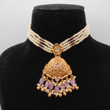 Yasmin Lavender Pearl-Strand Set — gold plated pearl strand choker with triangular temple pendant with lavender stone accents, matching chandbali earrings and triangular maang tikka
