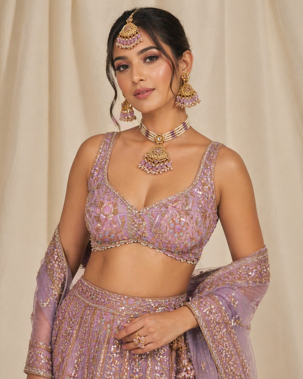 Yasmin Lavender Pearl-Strand Set — gold plated pearl strand choker with triangular temple pendant with lavender stone accents, matching chandbali earrings and triangular maang tikka