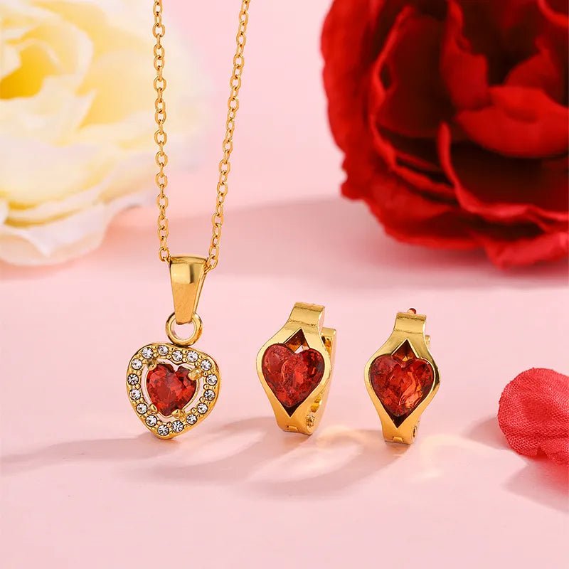 18K Gold - Plated Stainless Steel Heart Shaped Set - Necklace & Earrings | Set | 18K Gold - Plated Jewellery by Jewellery By Aman