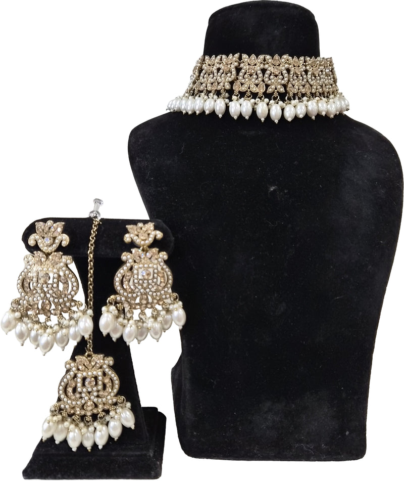 Motia Champagne Pearl Polki Jhumka Set by Jewellery by Aman