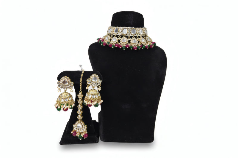 Large Kundan Choker Set — Satrangi Multicolour Jhumka - Jewellery set on display stand