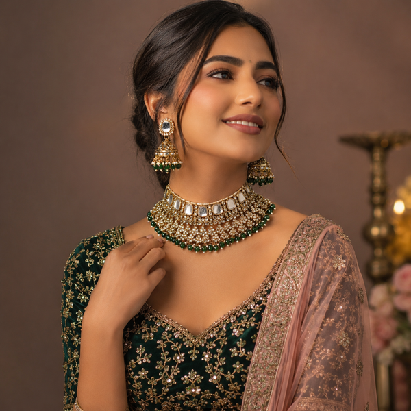 Panna Emerald Jhumka Necklace Set