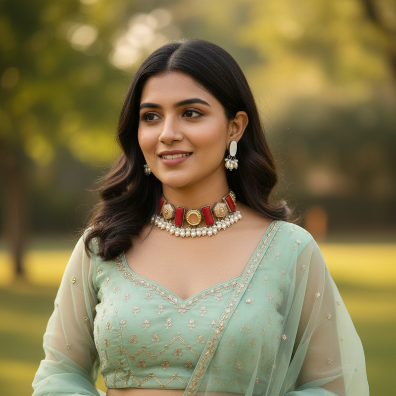 Gulaab Blush Coral Meenakari Pearl Choker Set