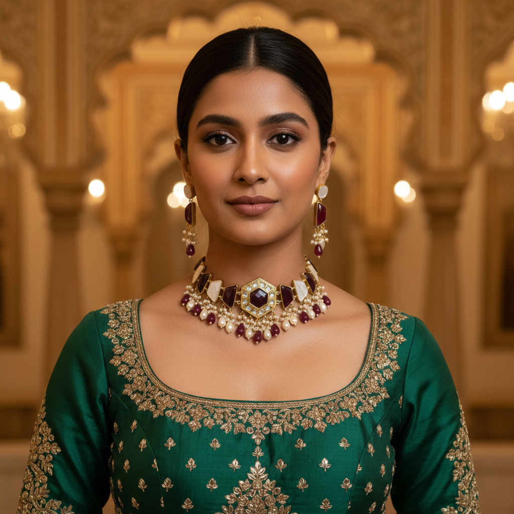 Yakoot Ruby Wine Kundan Pearl Choker Set