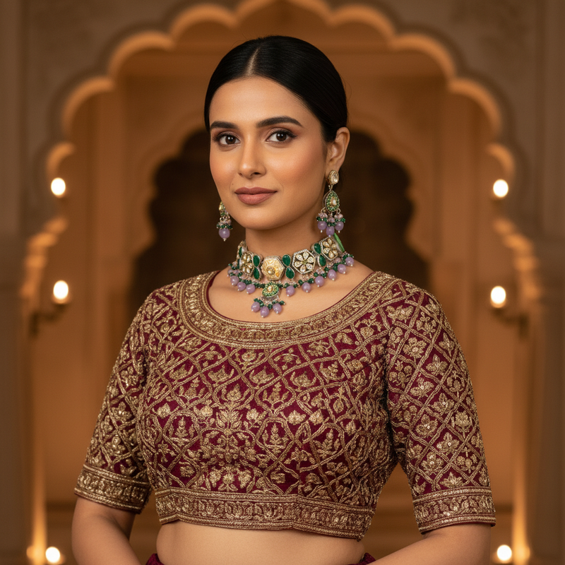 Sabzar Emerald Lavender Meenakari Choker Set
