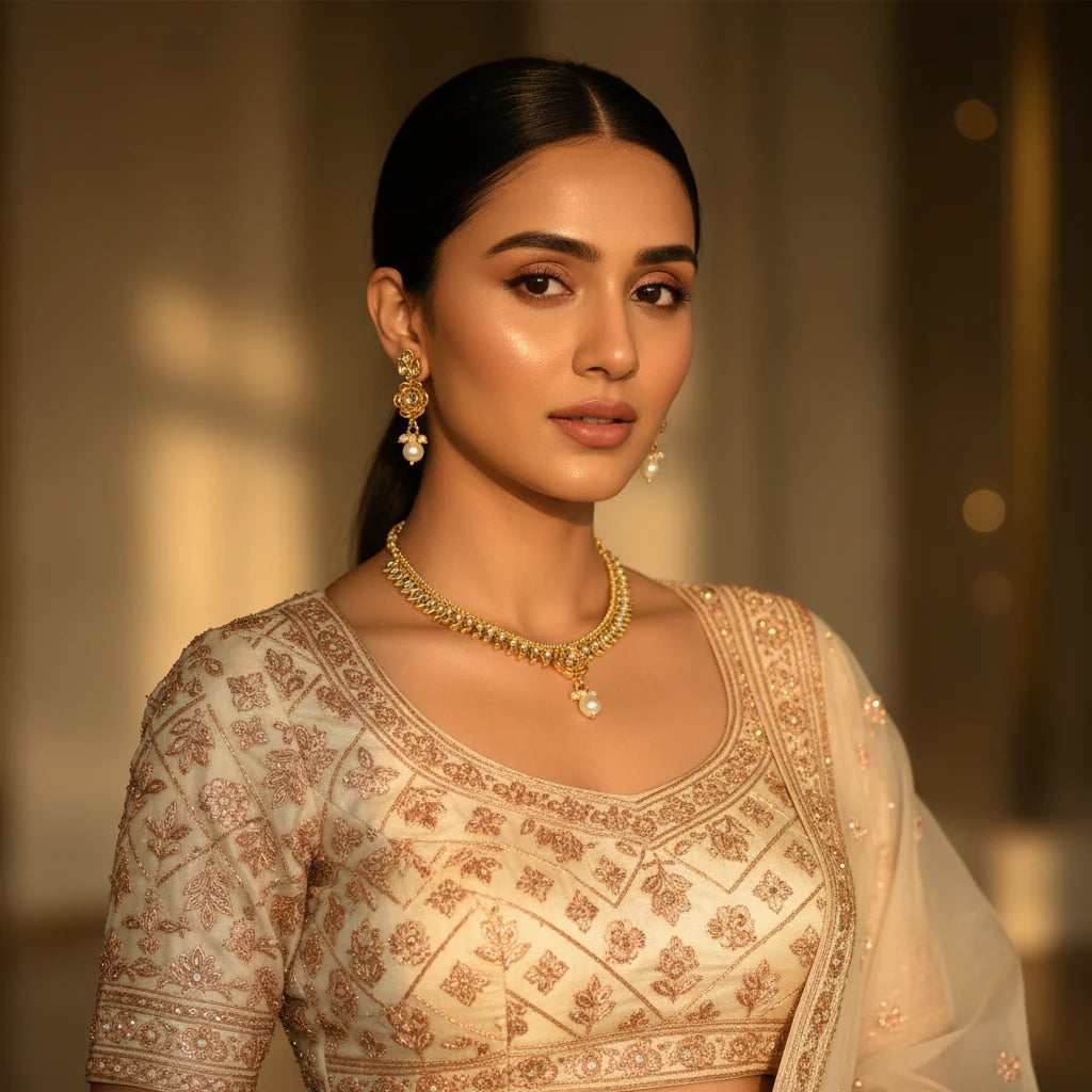Model wearing gold plated classic polki leaf fringe choker necklace with flower pendant pearl drop and matching earrings on ivory lehenga
