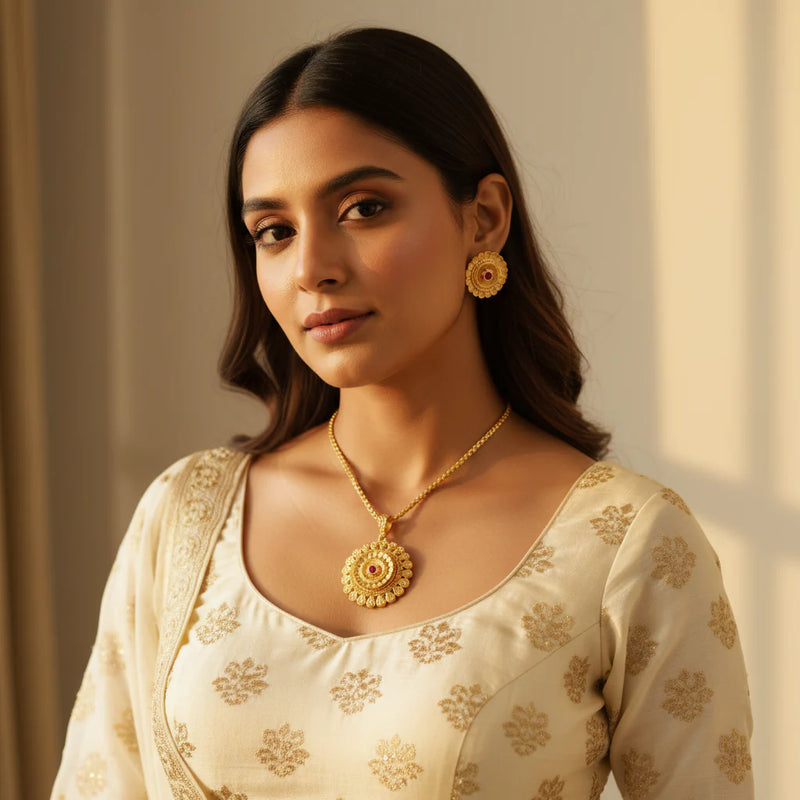South Asian woman wearing gold plated sunflower medallion pendant necklace and stud earrings with ruby centre stones