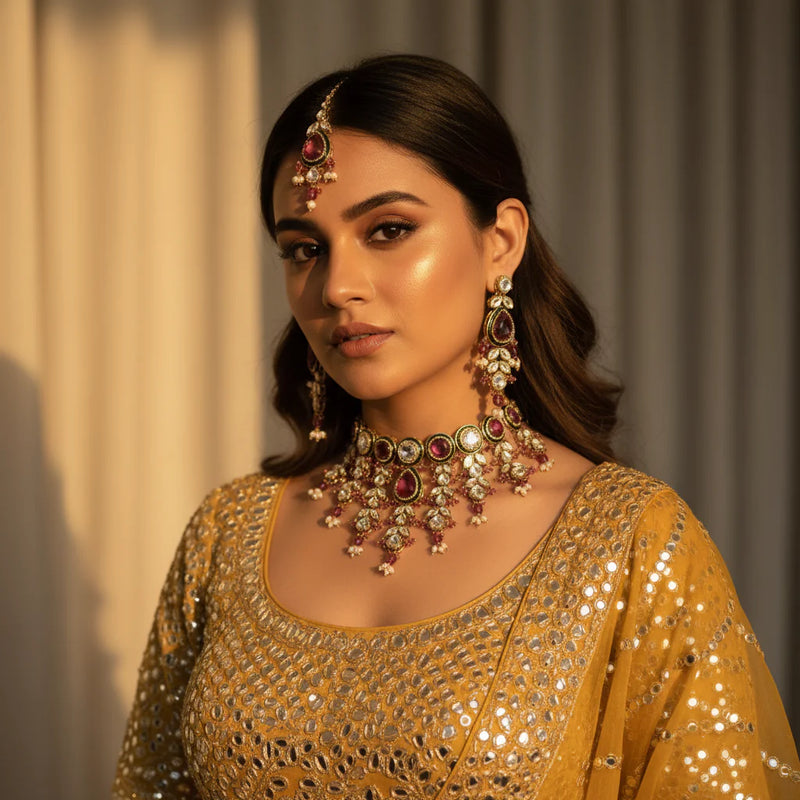 South Asian woman wearing pink polki kundan wedding choker set with earrings and tikka on mustard yellow lehenga